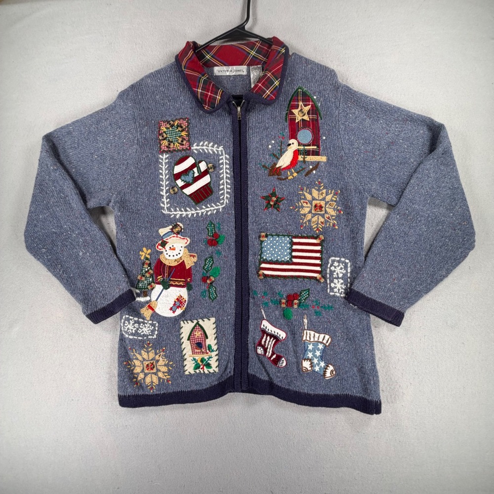 Victoria Jones Women's M Christmas Cardigan Sweater Jacket Applique Plaid Collar